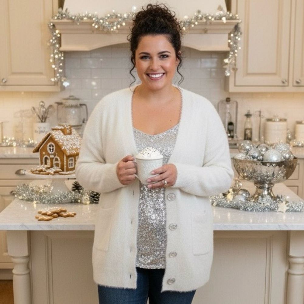 Chic Soul Ivory Cardigan - Silver Shell Buttons 🦢